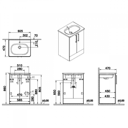 Unitate de baza lavoar baie, cu usi 60cm pe pardoseala, natural oak, cu rounded lavoar / chiuveta baie | 66375 [1]