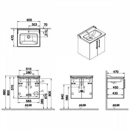 Unitate de baza lavoar baie, cu usi 60cm inalt gloss anthracite, cu classical lavoar / chiuveta baie | 68140 [1]
