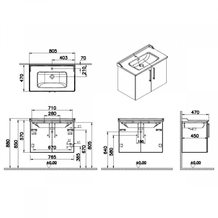 Unitate de baza lavoar baie, cu usi 80cm, mat storm grey, cu classical lavoar / chiuveta baie | 68161 [1]