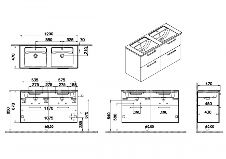 Unitate de baza lavoar baie, cu patru sertare 120 cm, inalt gloss anthracite, cu angular lavoar / chiuveta baie | 66280 [1]