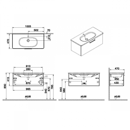 Unitate de baza lavoar baie, cu un sertar 100cm, cordoba, cu rounded lavoar / chiuveta baie | 68257 [1]