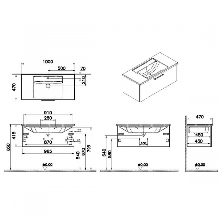 Unitate de baza lavoar baie, cu un sertar 100cm, mat storm grey, cu angular lavoar / chiuveta baie | 68243 [1]