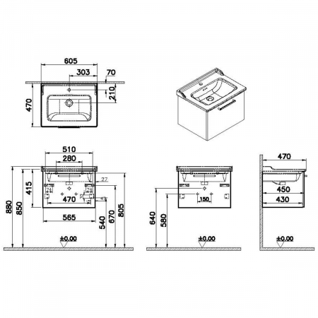 Unitate de baza lavoar baie, cu un sertar 60cm inalt gloss anthracite, cu classical lavoar / chiuveta baie | 68212 [1]