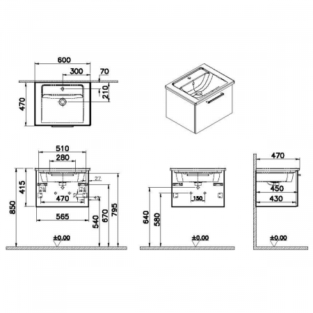 Unitate de baza lavoar baie, cu un sertar 60cm inalt gloss sahara beige, cu angular lavoar / chiuveta baie | 66416 [1]