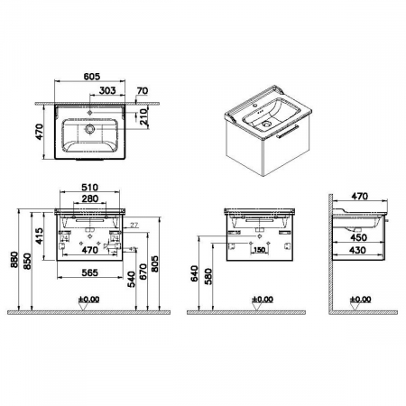 Unitate de baza lavoar baie, cu un sertar 60cm mat dark albastru, cu classical lavoar / chiuveta baie | 68216 [1]
