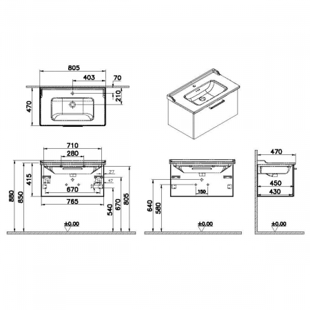 Unitate de baza lavoar baie, cu un sertar 80cm, cordoba, cu classical lavoar / chiuveta baie | 68237 [1]