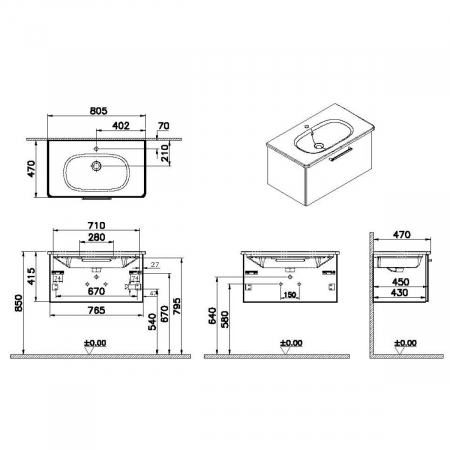 Unitate de baza lavoar baie, cu un sertar 80cm, inalt gloss anthracite, cu rounded lavoar / chiuveta baie | 66425 [1]