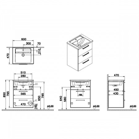Unitate de baza lavoar baie, cu trei sertare 60cm mat rock grey, cu angular lavoar / chiuveta baie | 68333 [1]