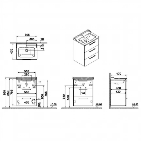 Unitate de baza lavoar baie, cu trei sertare 60cm mat storm grey, cu classical lavoar / chiuveta baie | 68346 [1]