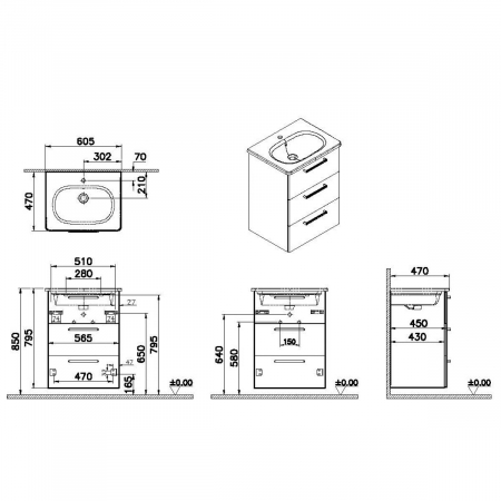 Unitate de baza lavoar baie, cu trei sertare 60cm walnut, cu rounded lavoar / chiuveta baie | 66457 [1]