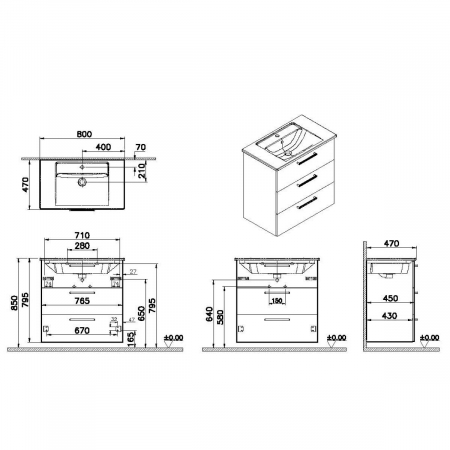 Unitate de baza lavoar baie, cu trei sertare 80cm, inalt gloss anthracite, cu angular lavoar / chiuveta baie | 66472 [1]