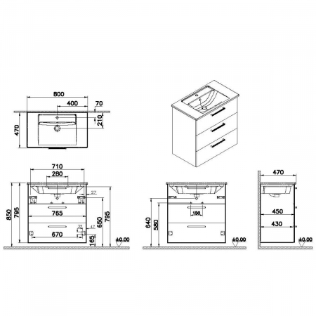 Unitate de baza lavoar baie, cu trei sertare 80cm, mat dark albastru, cu angular lavoar / chiuveta baie | 68353 [1]