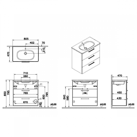 Unitate de baza lavoar baie, cu trei sertare 80cm, mat storm grey, cu rounded lavoar / chiuveta baie | 68356 [1]