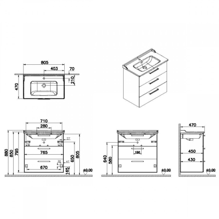 Unitate de baza lavoar baie, cu trei sertare 80cm, walnut, cu classical lavoar / chiuveta baie | 68367 [1]