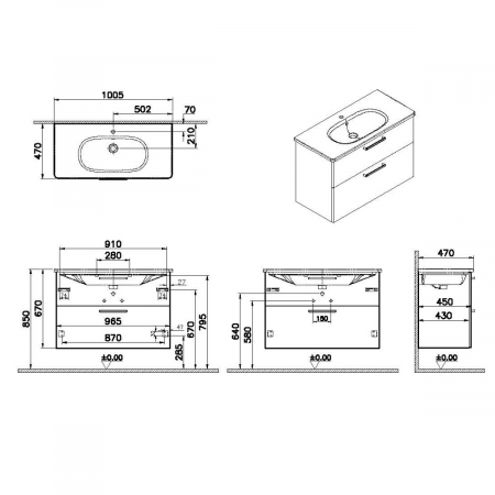 Unitate de baza lavoar baie, cu doua sertare 100cm, inalt gloss pearl grey, cu rounded lavoar / chiuveta baie | 68314 [1]