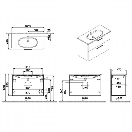 Unitate de baza lavoar baie, cu doua sertare 100cm, natural oak, cu rounded lavoar / chiuveta baie | 68320 [1]