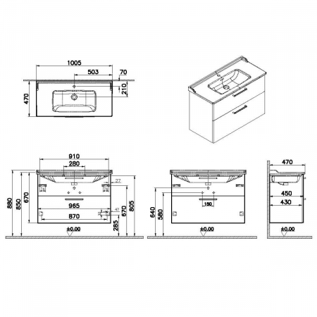 Unitate de baza lavoar baie, cu doua sertare 100cm, walnut, cu classical lavoar / chiuveta baie | 68331 [1]