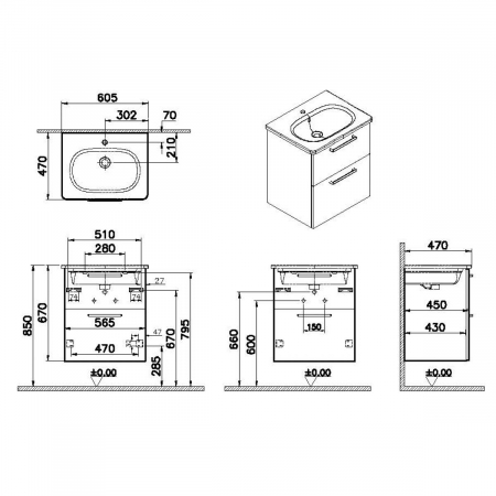 Unitate de baza lavoar baie, cu doua sertare 60cm mat rock grey, cu rounded lavoar / chiuveta baie | 69527 [1]