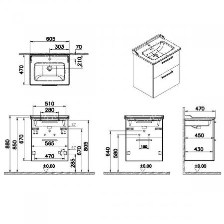 Unitate de baza lavoar baie, cu doua sertare 60cm natural oak, cu classical lavoar / chiuveta baie | 68282 [1]