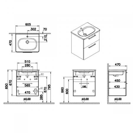 Unitate de baza lavoar baie, cu doua sertare 60cm natural oak, cu rounded lavoar / chiuveta baie | 66291 [1]
