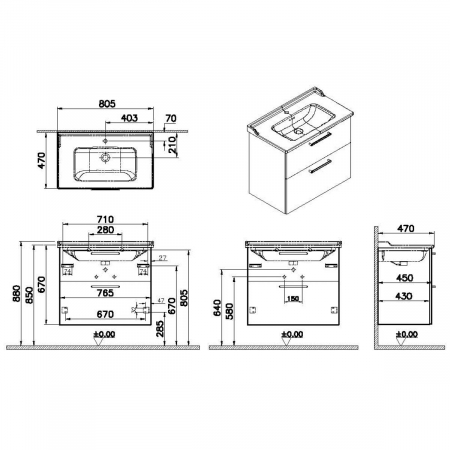 Unitate de baza lavoar baie, cu doua sertare 80cm, mat dark albastru, cu classical lavoar / chiuveta baie | 68299 [1]