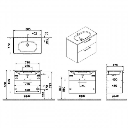 Unitate de baza lavoar baie, cu doua sertare 80cm, walnut, cu rounded lavoar / chiuveta baie | 66301 [1]