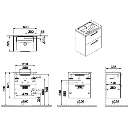 Unitate de baza lavoar baie, cu doua sertare, compact 60cm cordoba, cu angular lavoar / chiuveta baie | 68099 [1]