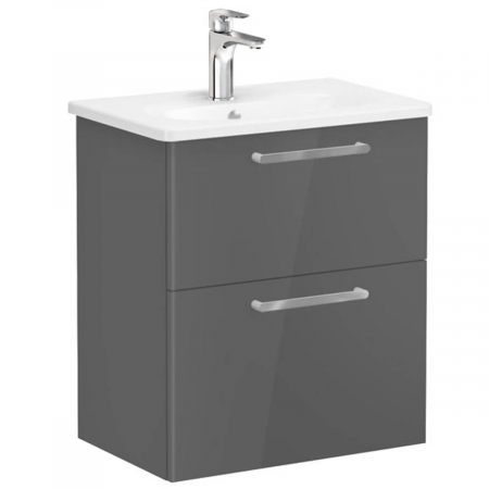 Mobilier de baie - Unitate de baza lavoar baie, cu doua sertare, compact 60cm inalt gloss anthracite, cu rounded lavoar / chiuveta baie | 68102