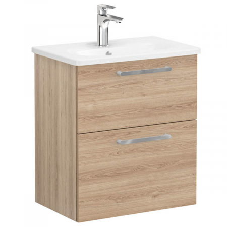 Mobilier de baie - Unitate de baza lavoar baie, cu doua sertare, compact 60cm natural oak, cu rounded lavoar / chiuveta baie | 68107