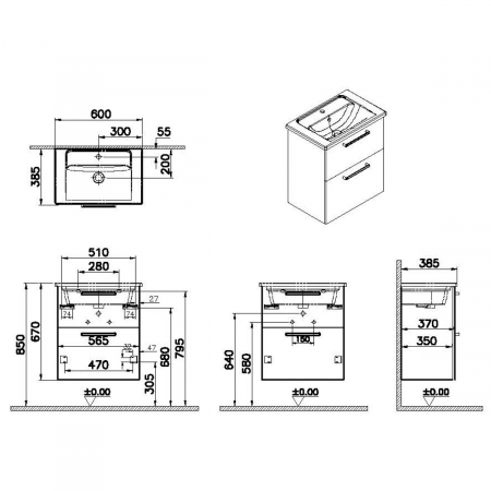 Unitate de baza lavoar baie, cu doua sertare, compact 60cm walnut, cu angular lavoar / chiuveta baie | 68098 [1]