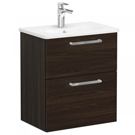 Mobilier de baie - Unitate de baza lavoar baie, cu doua sertare, compact 60cm walnut, cu rounded lavoar / chiuveta baie | 68108