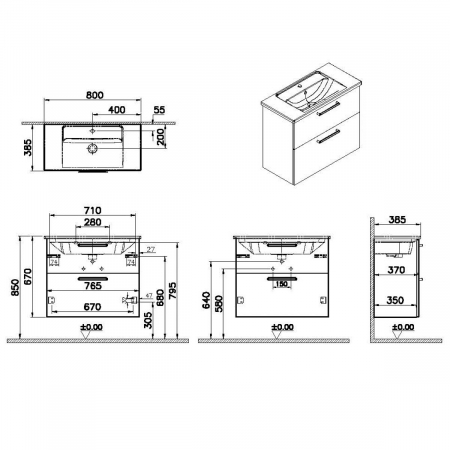 Unitate de baza lavoar baie, cu doua sertare, compact 80cm, cordoba, cu angular lavoar / chiuveta baie | 68119 [1]