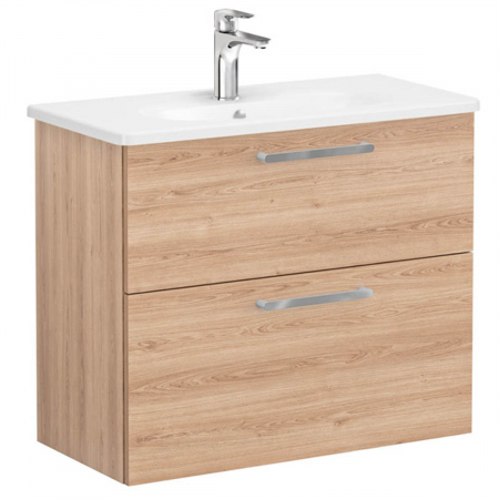 Mobilier de baie - Unitate de baza lavoar baie, cu doua sertare, compact 80cm, natural oak, cu rounded lavoar / chiuveta baie | 68127