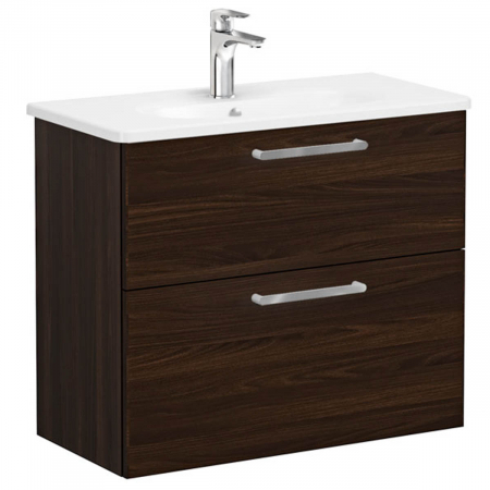 Mobilier de baie - Unitate de baza lavoar baie, cu doua sertare, compact 80cm, walnut, cu rounded lavoar / chiuveta baie | 68128