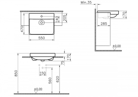 Lavoar / chiuveta baie semiincastrat 55cm cu orificiul pentru baterie si preaplin | 7531B003-0001 [1]