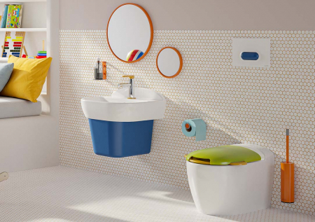 Capac WC copii, duroplast, cu balamale metalice, fixare de sus, inchidere soft close, verde si galben, cu suport portocaliu | 133-100-009 [4]