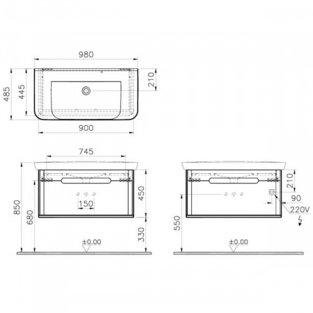 Unitate de baza lavoar baie 100cm, cu 1 drawer, fara legs, mat anthracite | 60820 [1]