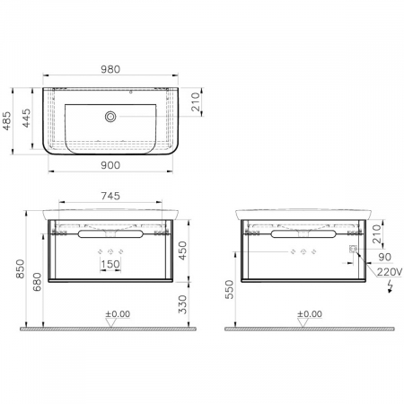 Unitate de baza lavoar baie 100cm, cu 1 drawer, fara legs, mat fjord green | 65875 [1]