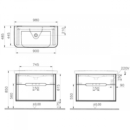 Unitate de baza lavoar baie 100cm, cu 2 drawers, fara legs, mat fjord green | 65878 [1]