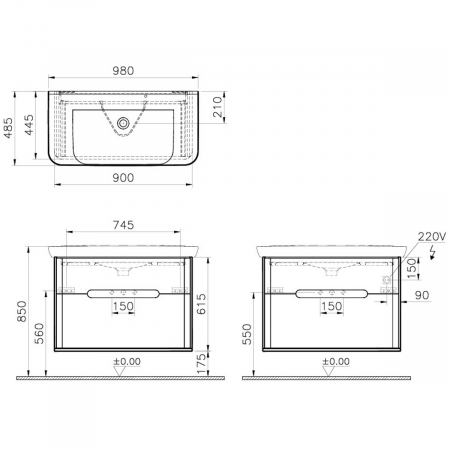 Unitate de baza lavoar baie 100cm, cu 2 drawers, fara legs, mat gri deschis | 65990 [1]