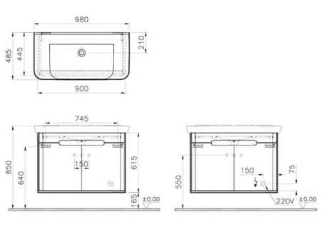 Unitate de baza lavoar baie 100cm, cu usi, fara legs, mat anthracite | 60811 [1]