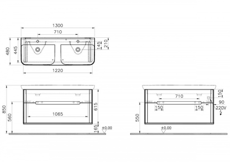 Unitate de baza lavoar baie 130cm, cu 2 drawers, cu double lavoare / chiuvete, fara legs, mat anthracite | 61189 [1]