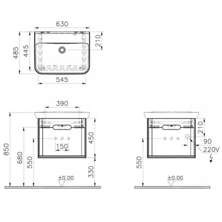 Unitate de baza lavoar baie, 65cm, cu 1 drawer, fara legs, mat gri deschis | 65985 [1]