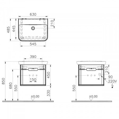 Unitate de baza lavoar baie, 65cm, cu 1 drawer, fara legs, alb mat | 60812 [1]