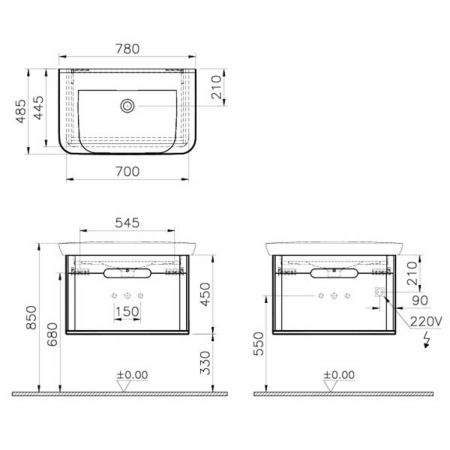 Unitate de baza lavoar baie 80cm, cu 1 drawer, fara legs, alb mat | 60813 [1]