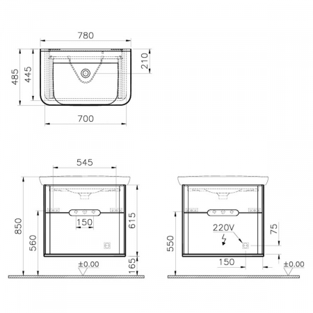 Unitate de baza lavoar baie 80cm, cu 2 drawers, fara legs, mat gri deschis | 65989 [1]