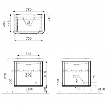Unitate de baza lavoar baie 80cm, cu 2 drawers, fara legs, alb mat | 60824 [1]