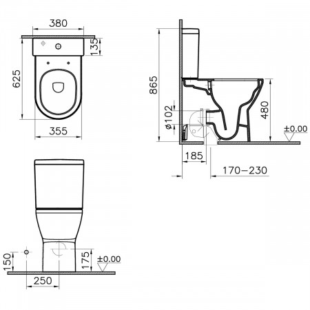 Vas WC rimless compact lipit de perete, 62cm, inalt, cu iesire universala | 7093B003-0096 [1]