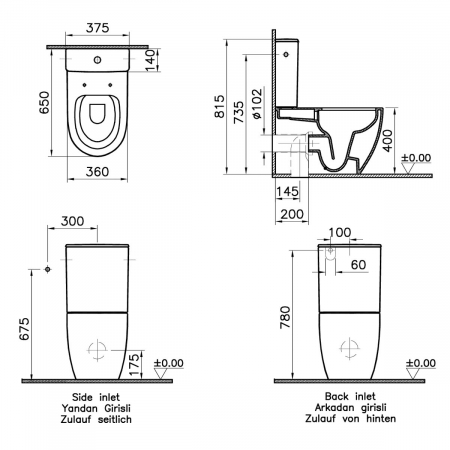 Vas WC rimless compact lipit de perete, 65cm, cu iesire universala, concealed water connection, alb | 5987B003-0585 [1]