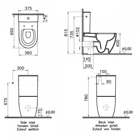 Vas WC rimless compact lipit de perete, 65cm, cu iesire universala, water connection from side, alb | 5987B003-0096 [1]